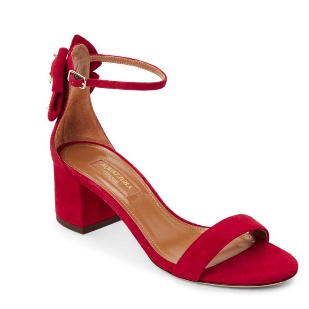 NIB Aquazzura Firenze Siena Sandal 50 Red Suede Bow Back Heels Size 38 1/2 = 8